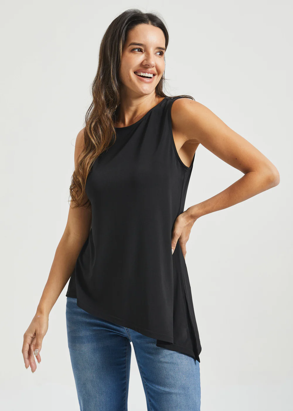 Asymmetrical Hem Sleeveless Tunic | Matte Jersey (Black) - Image 3