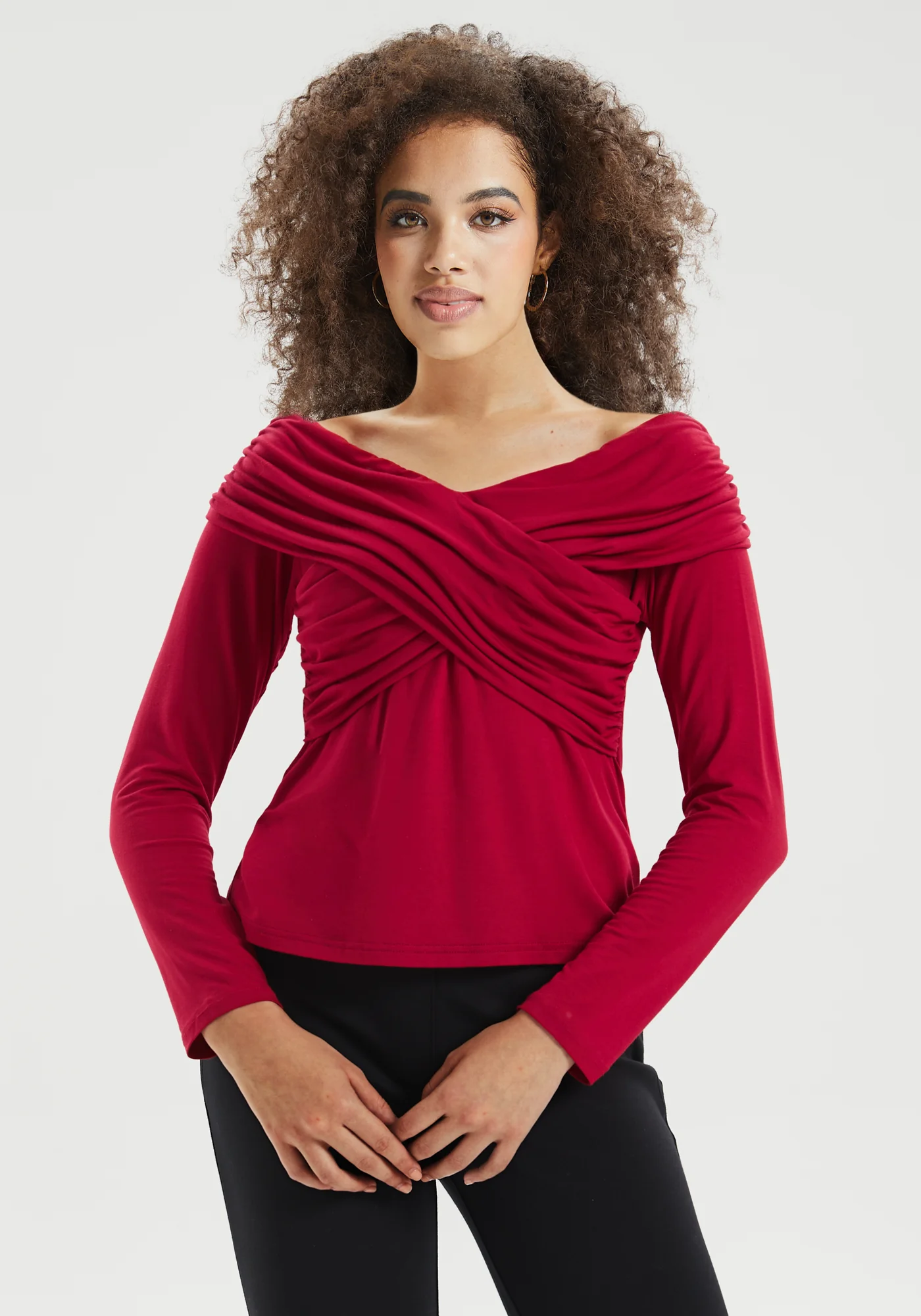 Off-the-Shoulder Draped Long-Sleeve Top (Burgundy) - Final Sale - Image 4