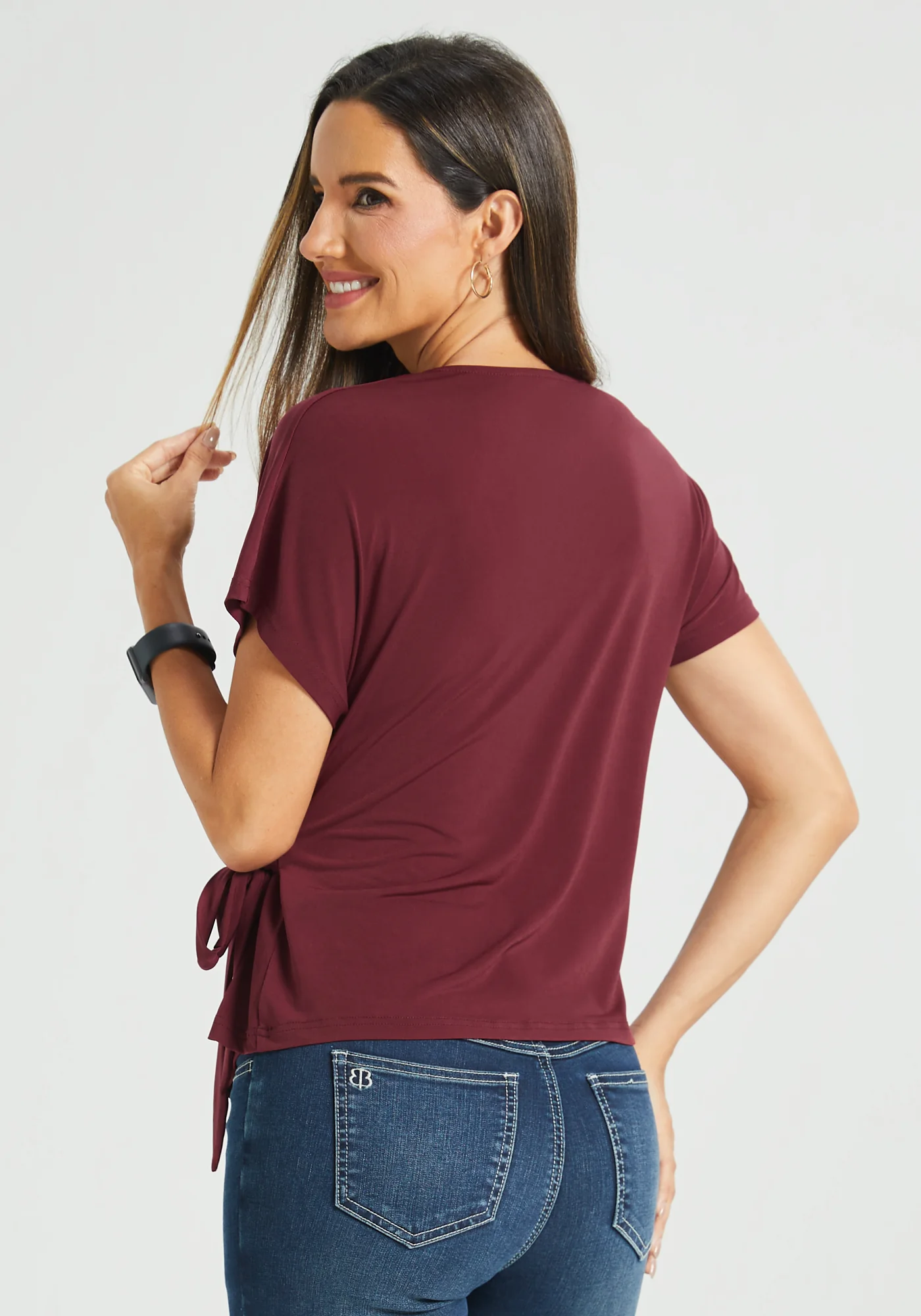 Tie Waist Boatneck Top (Burgundy) - Image 4