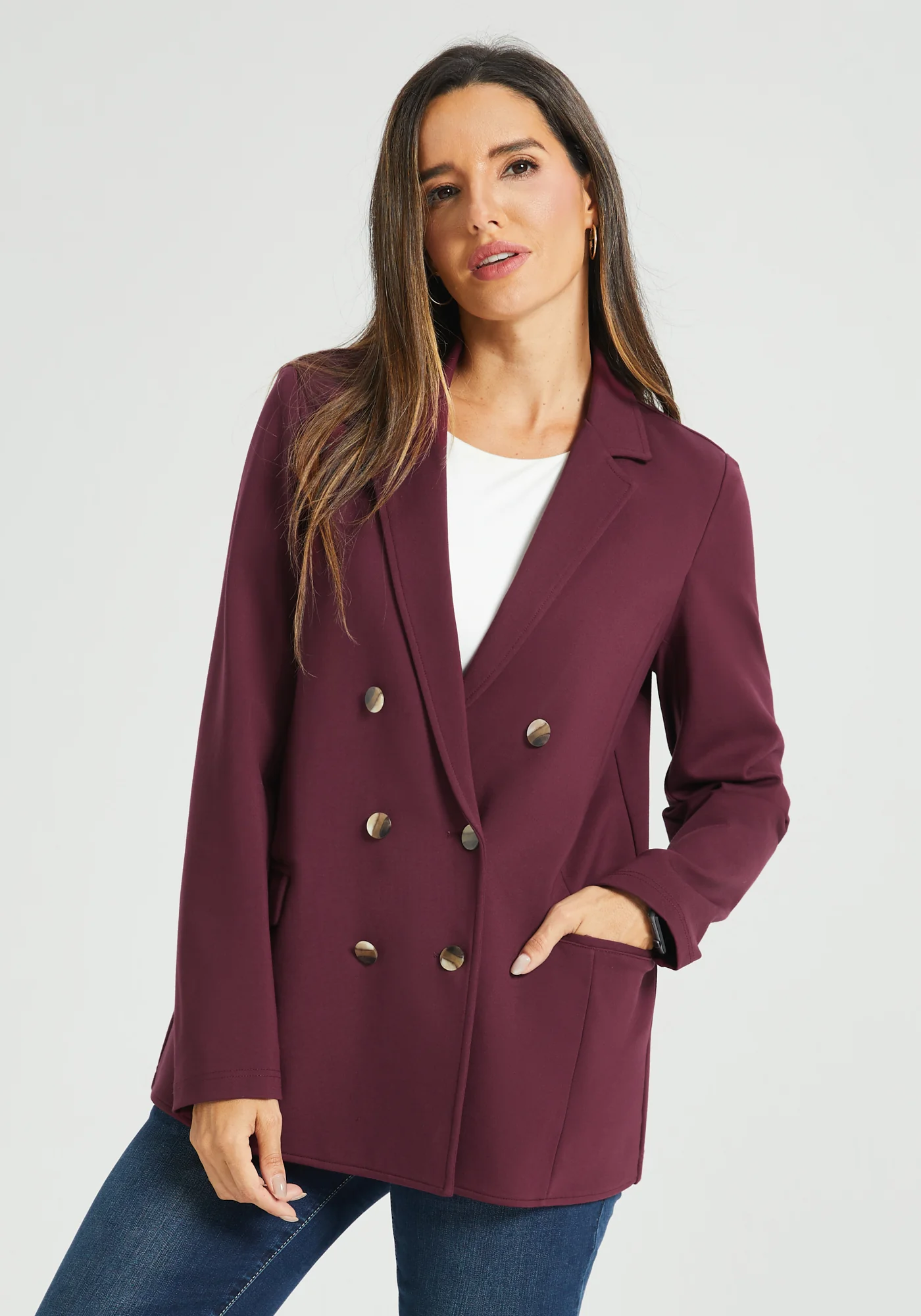 Double Breasted Blazer | Stretch Ponte (Burgundy) - Image 3