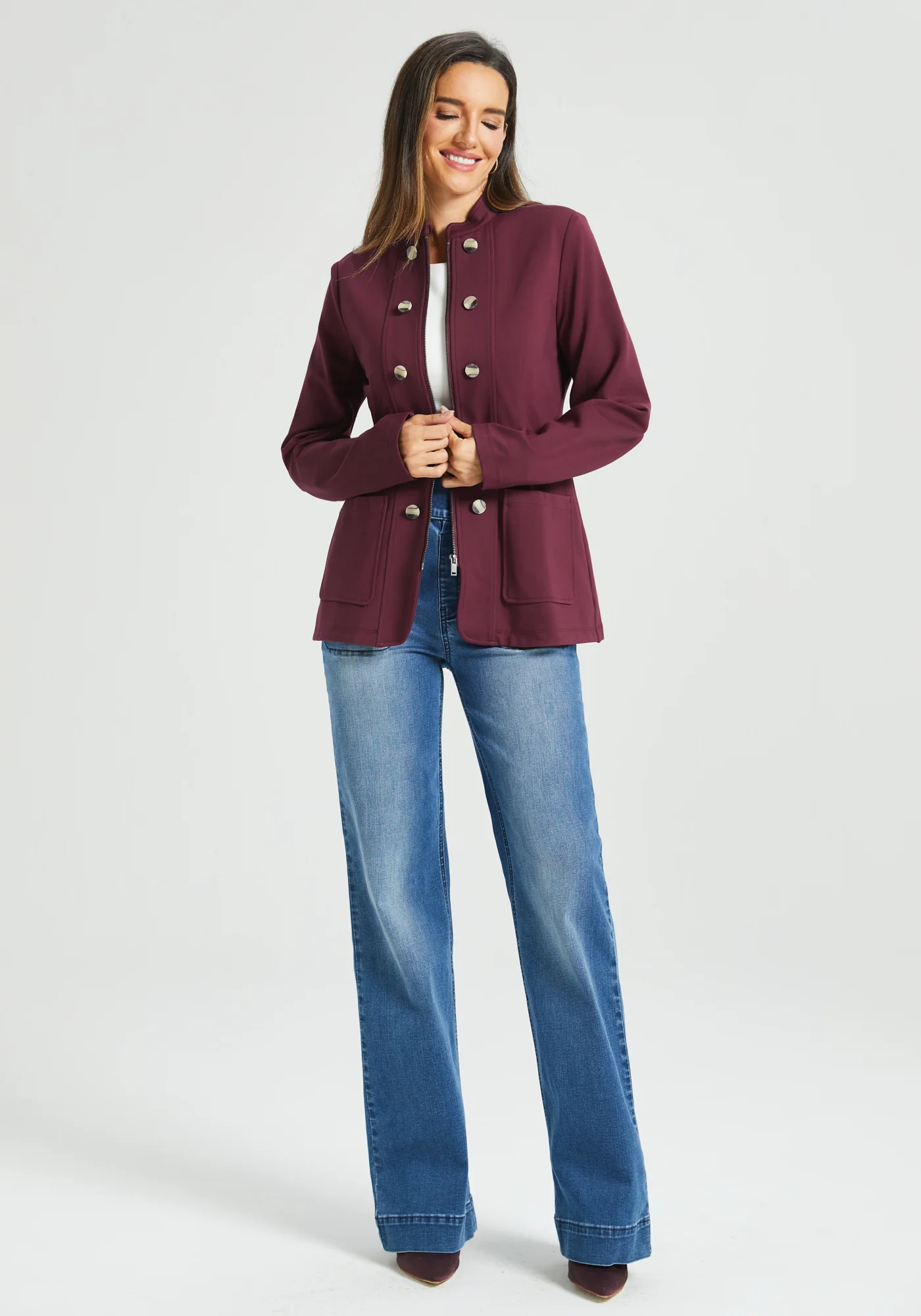 Military Zip Jacket | Stretch Ponte (Burgundy) - Image 3