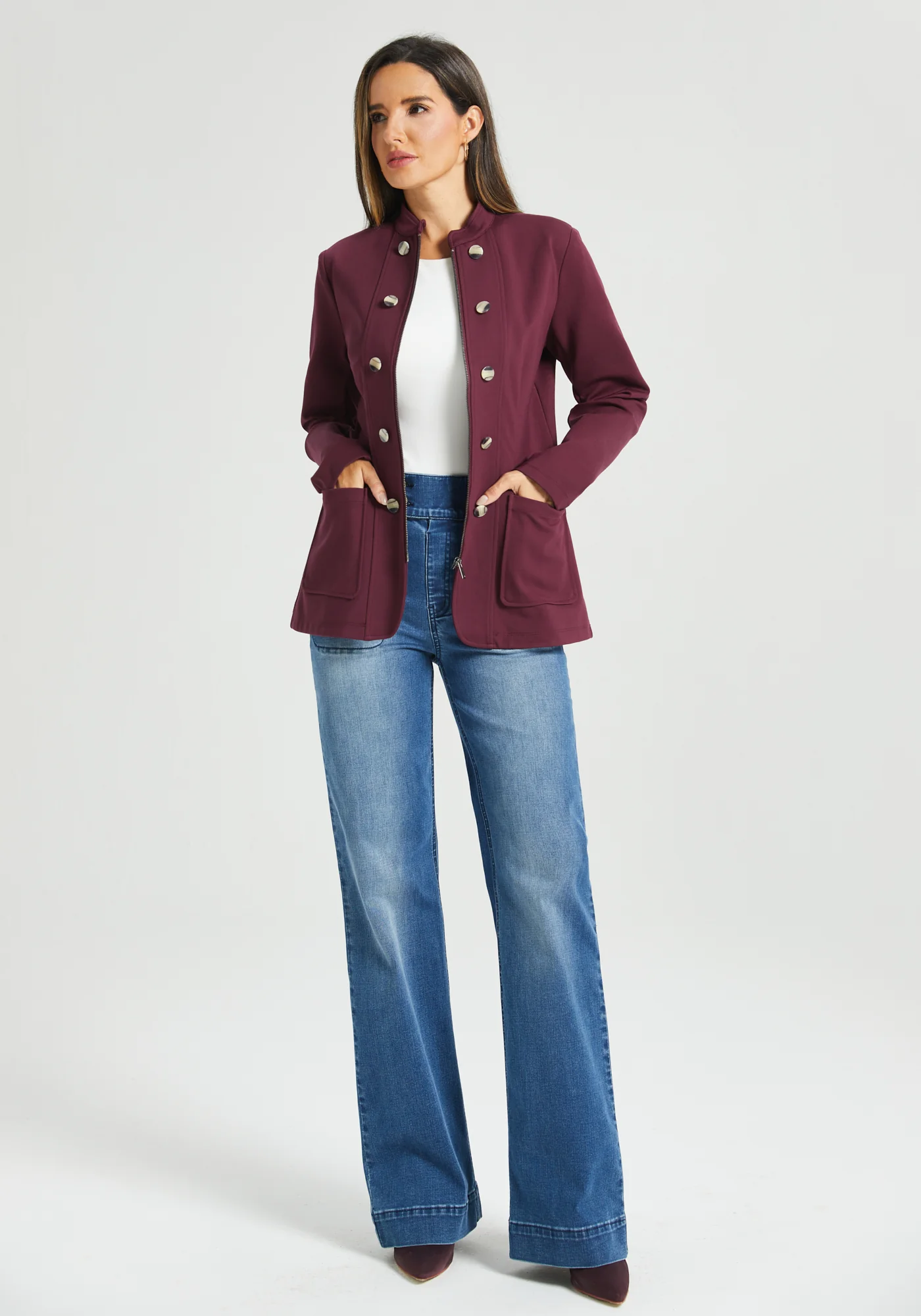 Military Zip Jacket | Stretch Ponte (Burgundy) - Image 4
