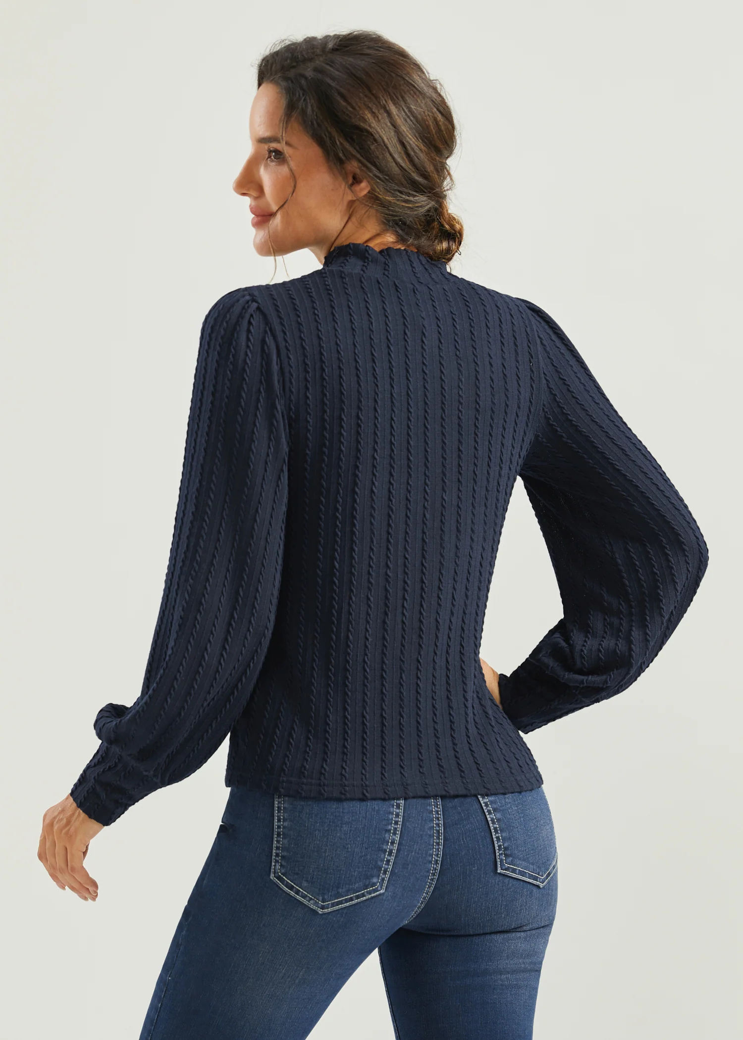 MiniCable Puff Sleeve Mockneck (Navy) - Final Sale - Image 3