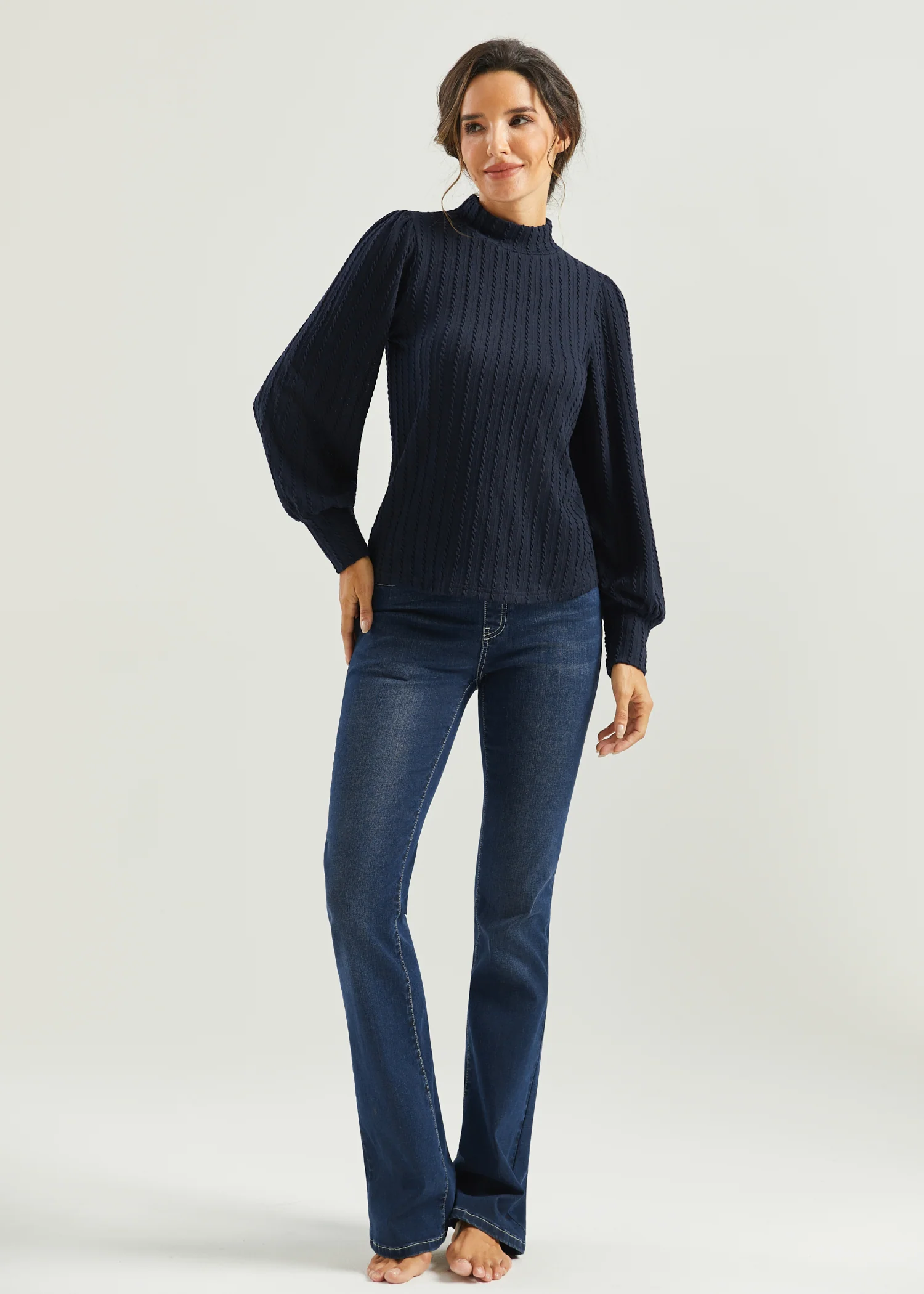 MiniCable Puff Sleeve Mockneck (Navy) - Final Sale - Image 4
