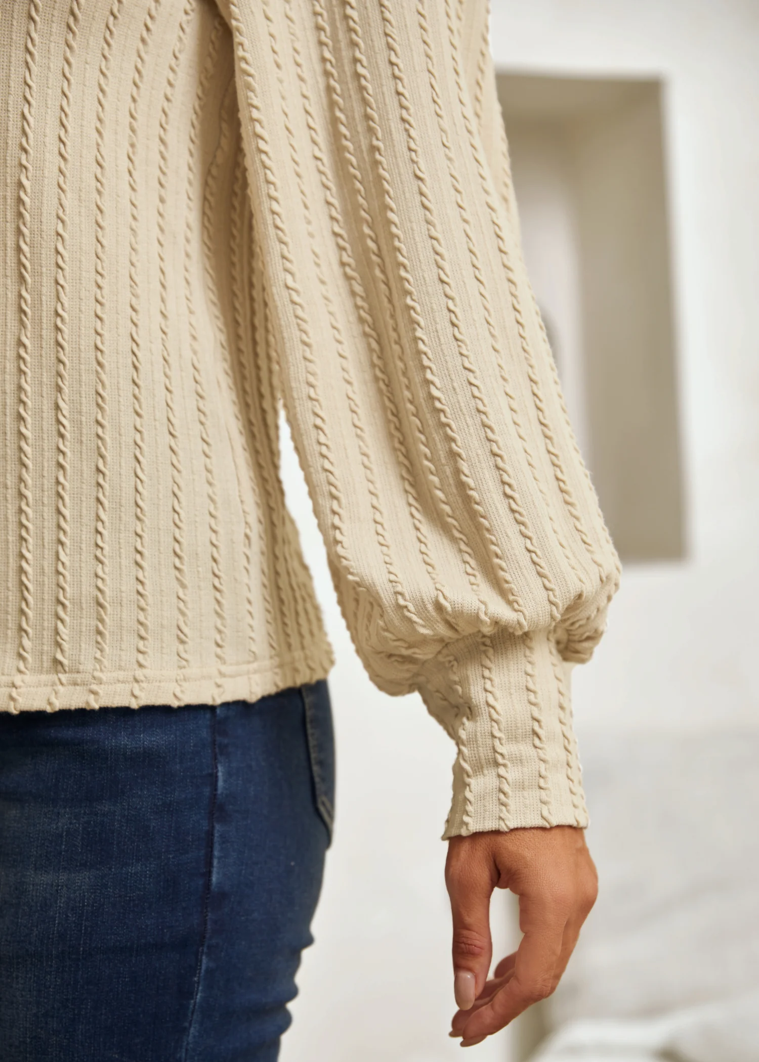 MiniCable Puff Sleeve Mockneck (Oatmeal) - Final Sale - Image 3