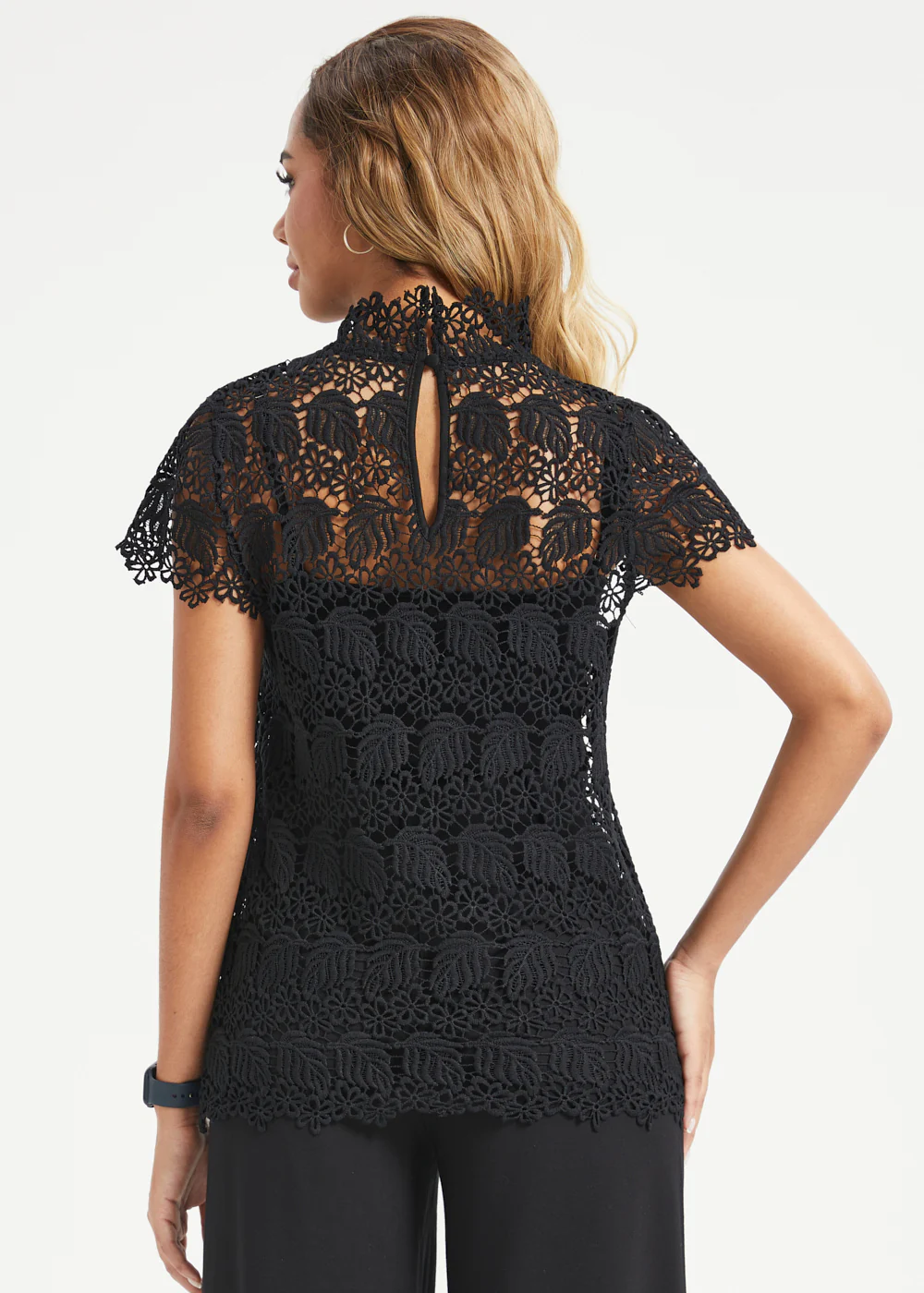 Mock Neck Lace Short Sleeve Top (Black) - Image 7