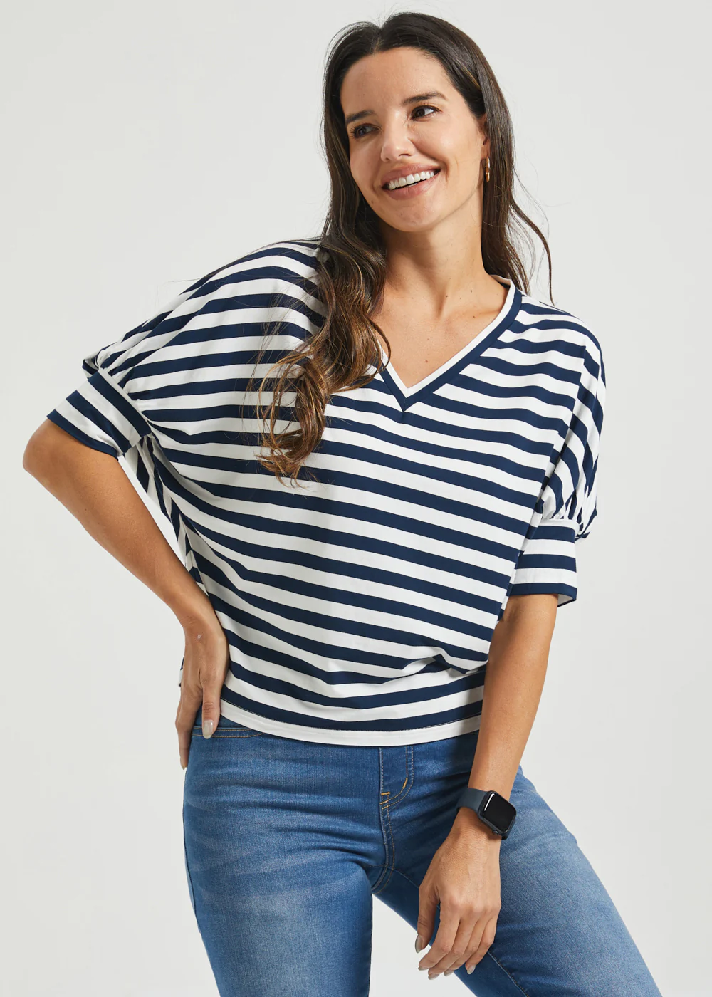 Dolman V-Neck Knit Top (Ivory Navy Stripe) - Image 3